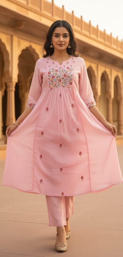 Ruaati Women Cotton Embroidered Pink Kurta Sets with Dupatta Ethnic Wear