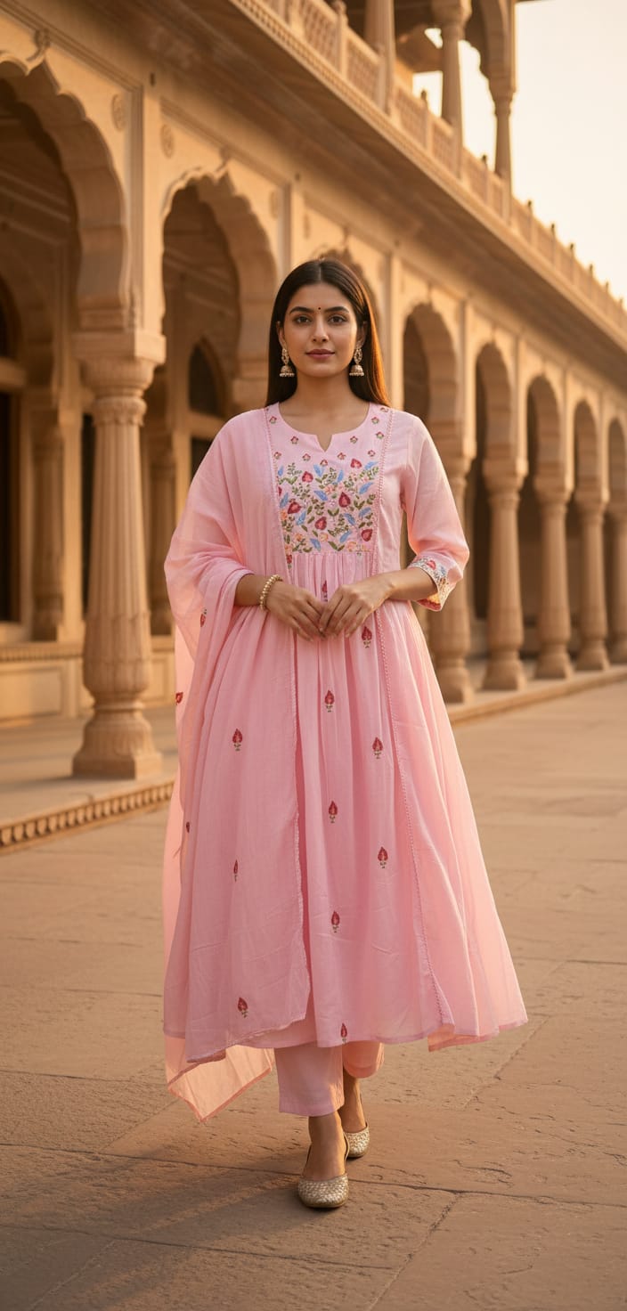 Ruaati Women Cotton Embroidered Pink Kurta Sets with Dupatta Ethnic Wear