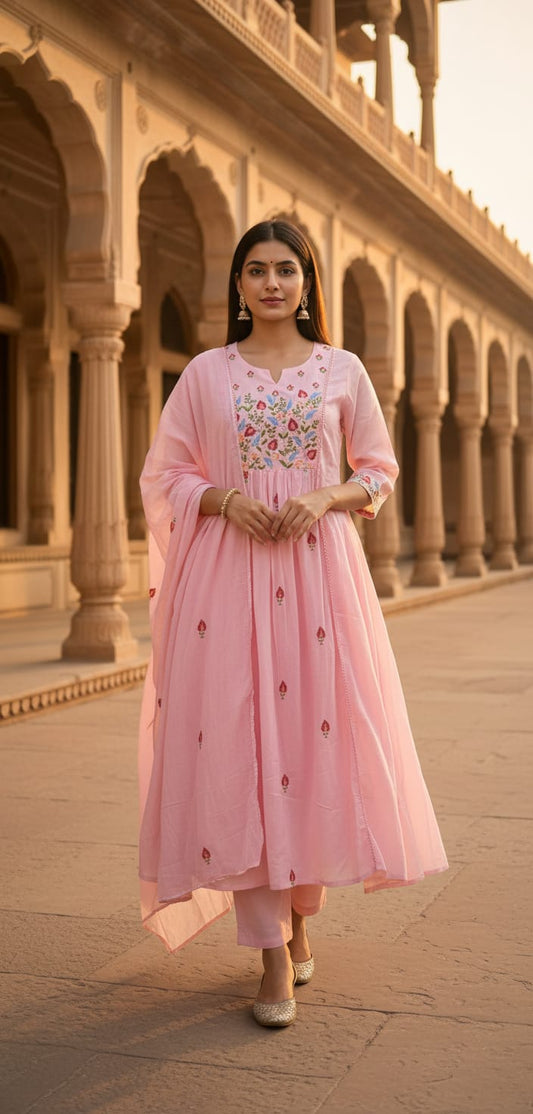 Ruaati Women Cotton Embroidered Pink Kurta Sets with Dupatta Ethnic Wear