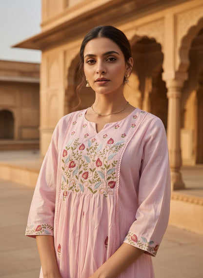 Ruaati Women Cotton Embroidered Pink Kurta Sets with Dupatta Ethnic Wear