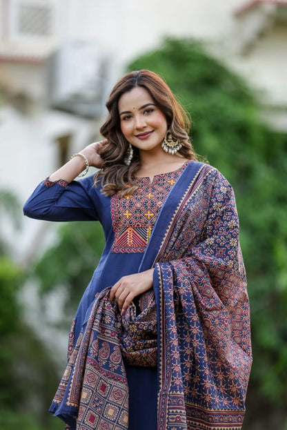 Ruaati Women Navy Blue Embroidered Kurta Set with Printed Dupatta