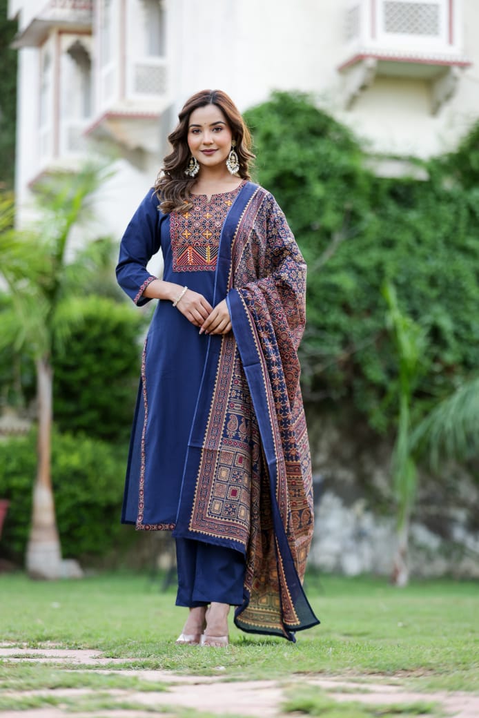 Ruaati Women Navy Blue Embroidered Kurta Set with Printed Dupatta