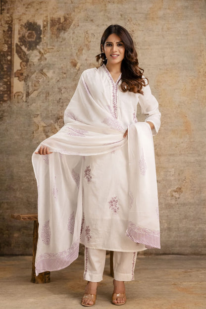 Ruaati Women Off-White Embroidered Kurta Set with Dupatta
