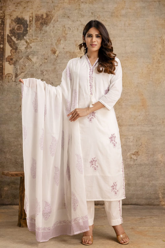 Ruaati Women Off-White Embroidered Kurta Set with Dupatta