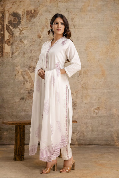 Ruaati Women Off-White Embroidered Kurta Set with Dupatta