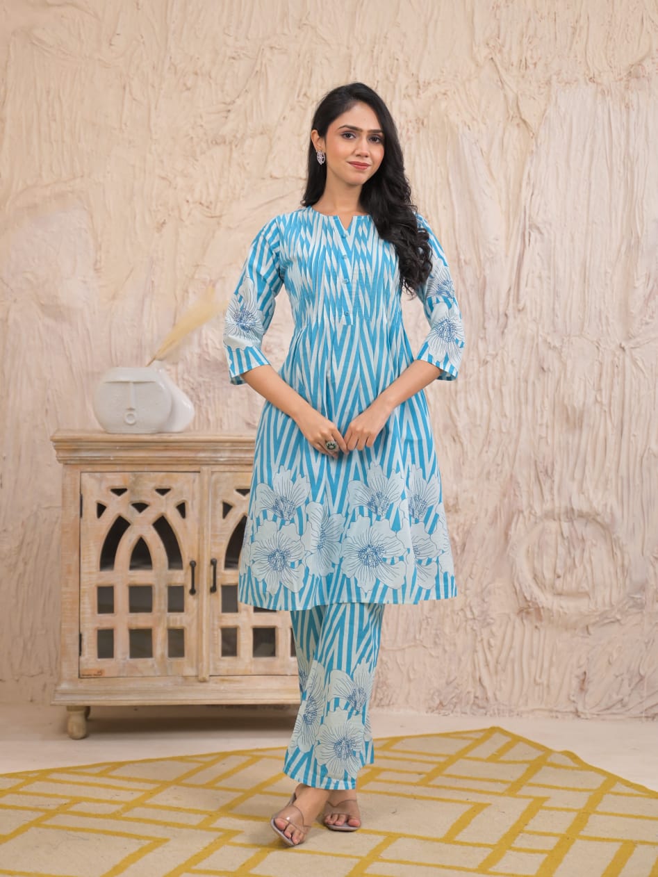 Ruaati Women Sky Blue Printed A-Line Kurta Set with Floral Design