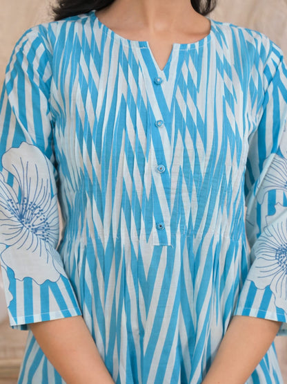 Ruaati Women Sky Blue Printed A-Line Kurta Set with Floral Design