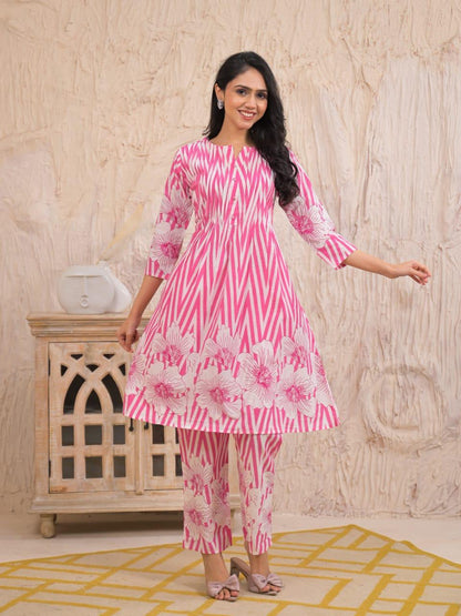 Ruaati Women Pink Printed A-Line Kurta Set with Floral Design