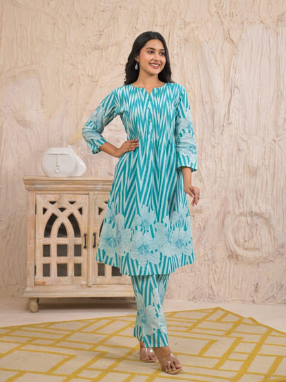 Ruaati Women Sky Blue Printed A-Line Kurta Set with Floral Design