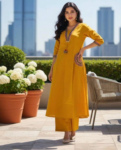 Ruaati Women Mustard Yellow Embroidered A-Line Kurta Set