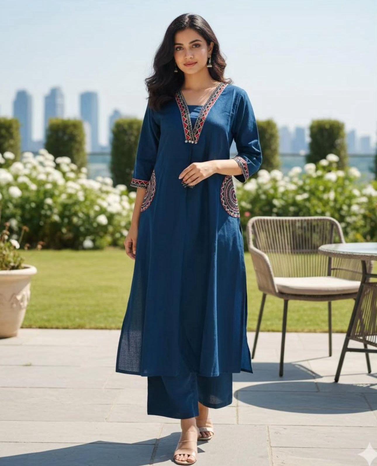 Ruaati Women Mustard Blue Embroidered A-Line Kurta Set