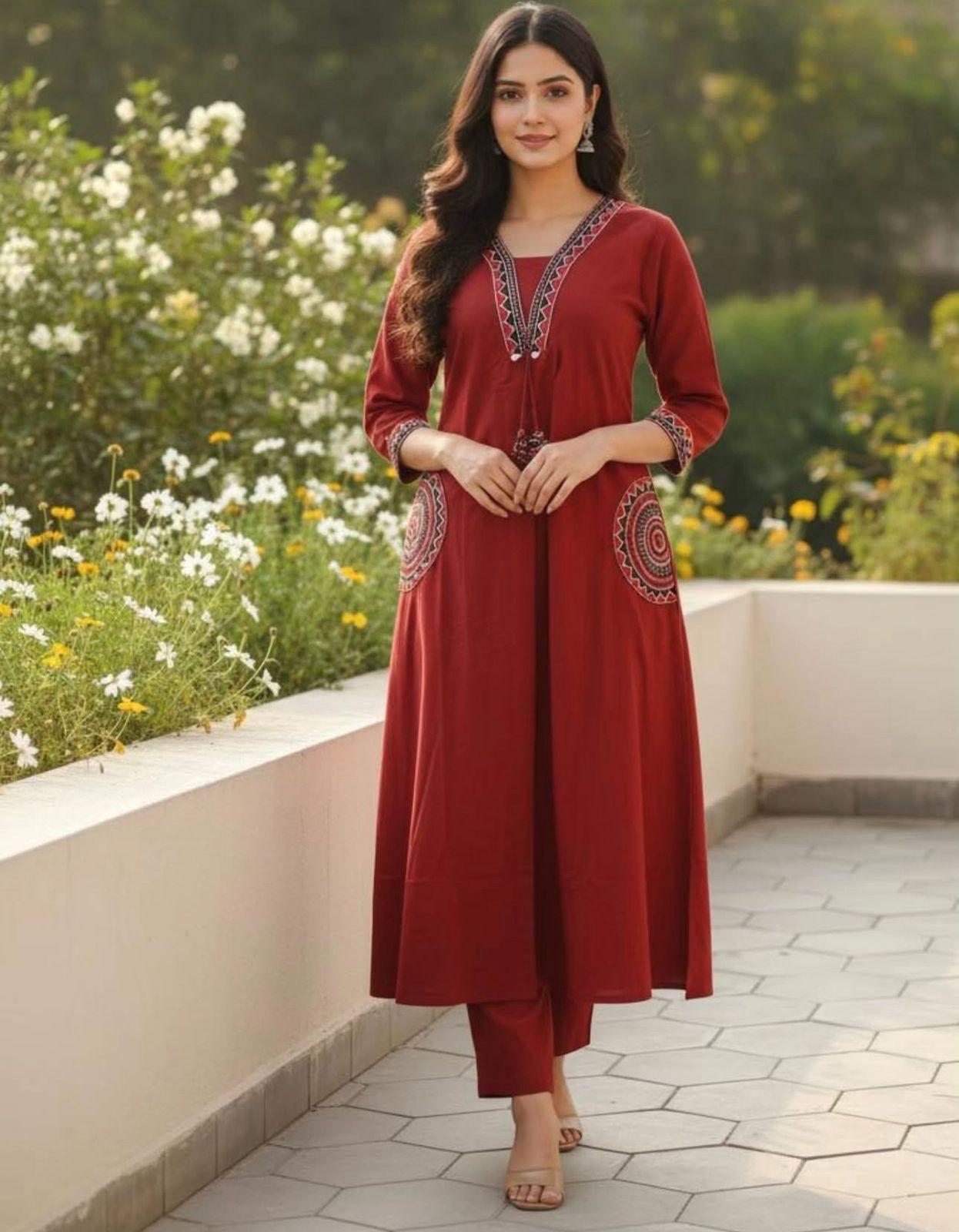 Ruaati Women Mustard Rust Embroidered A-Line Kurta Set
