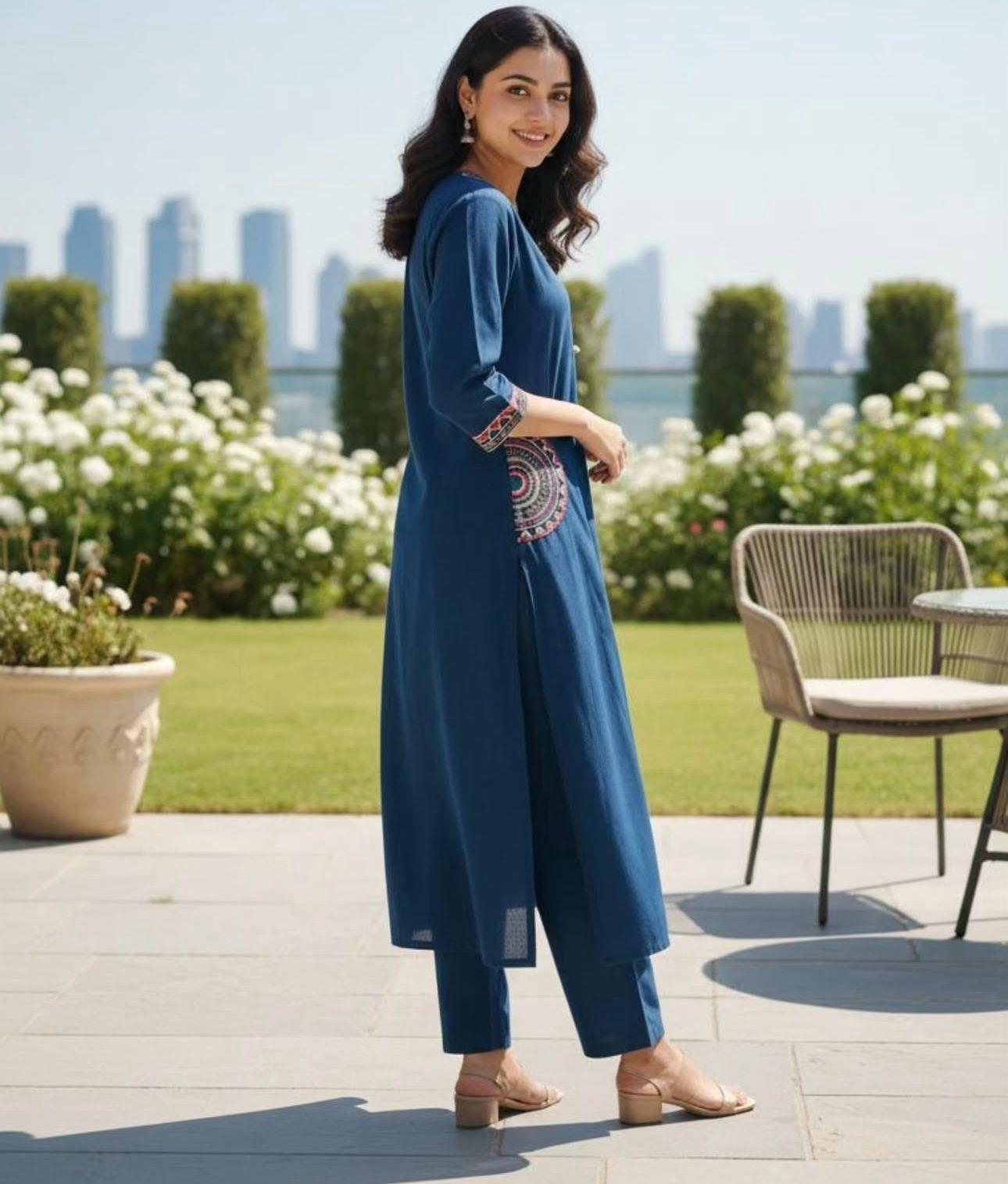 Ruaati Women Mustard Blue Embroidered A-Line Kurta Set