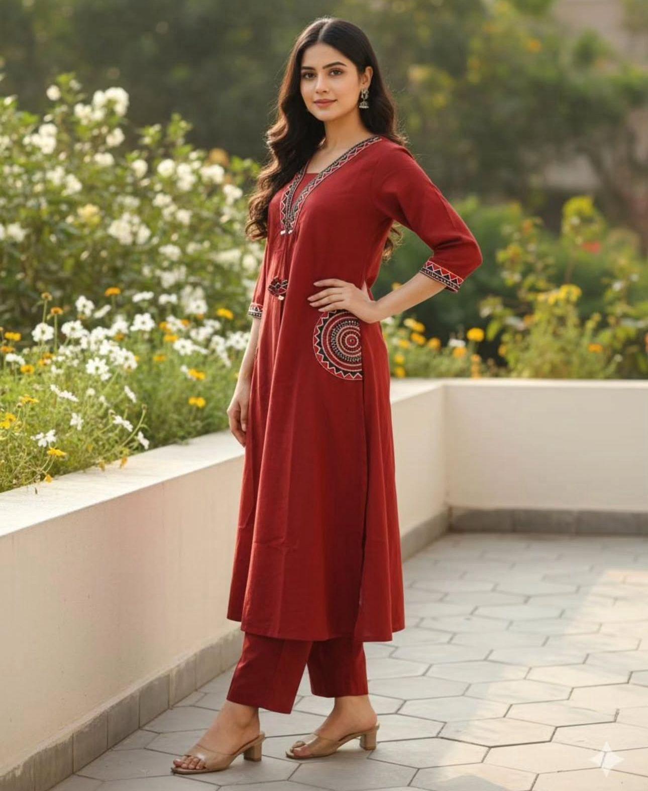 Ruaati Women Mustard Rust Embroidered A-Line Kurta Set