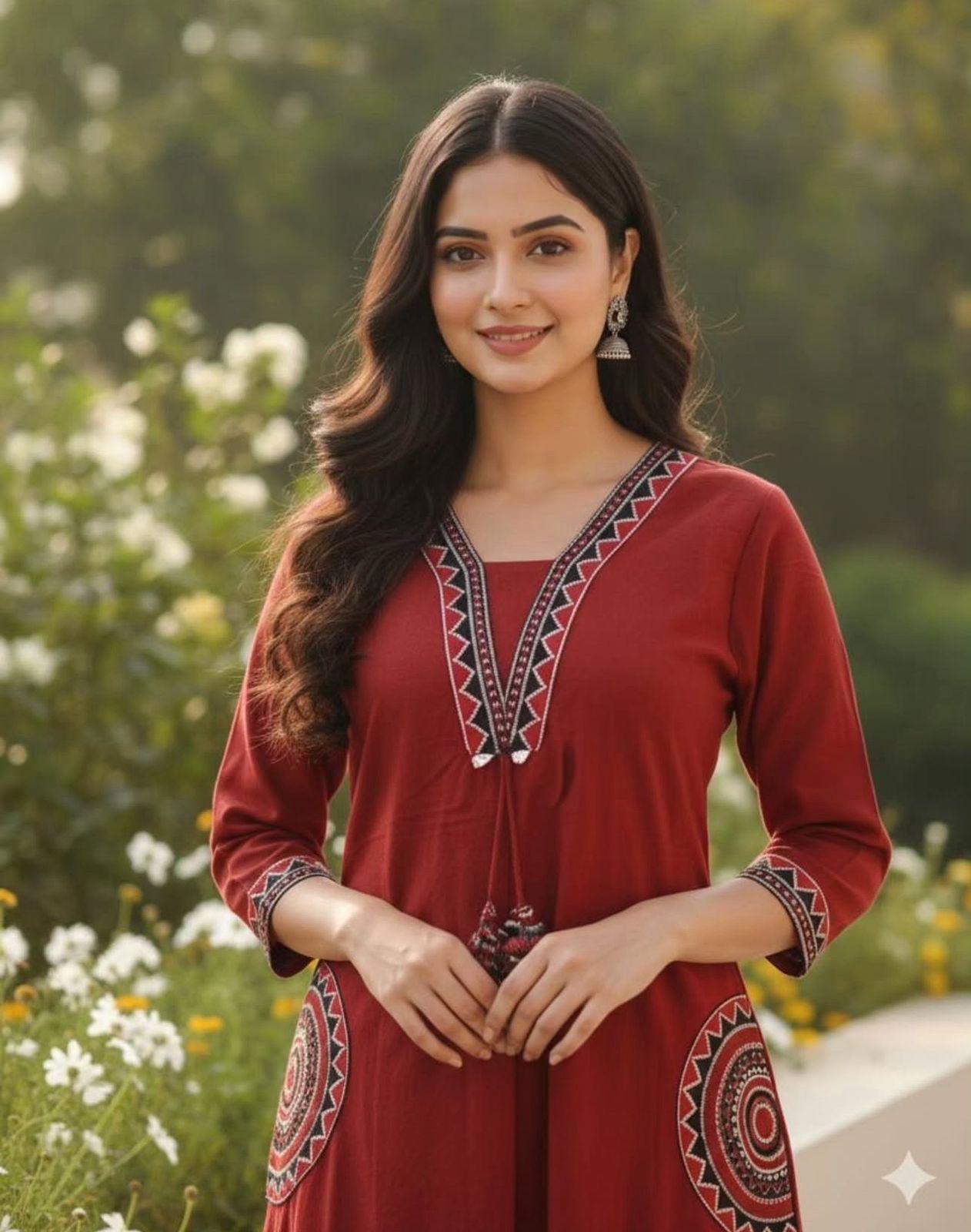Ruaati Women Mustard Rust Embroidered A-Line Kurta Set