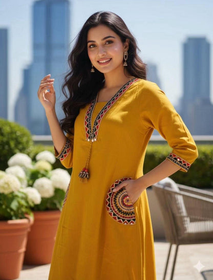 Ruaati Women Mustard Yellow Embroidered A-Line Kurta Set