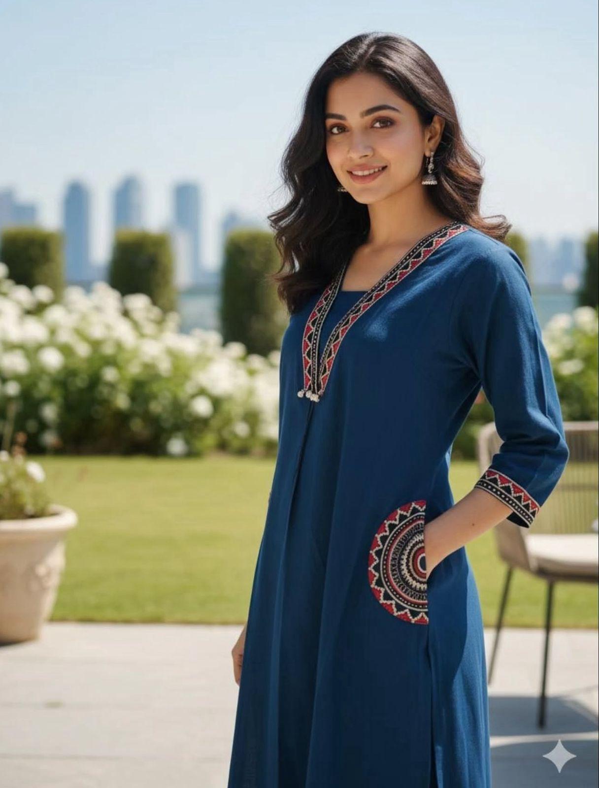 Ruaati Women Mustard Blue Embroidered A-Line Kurta Set