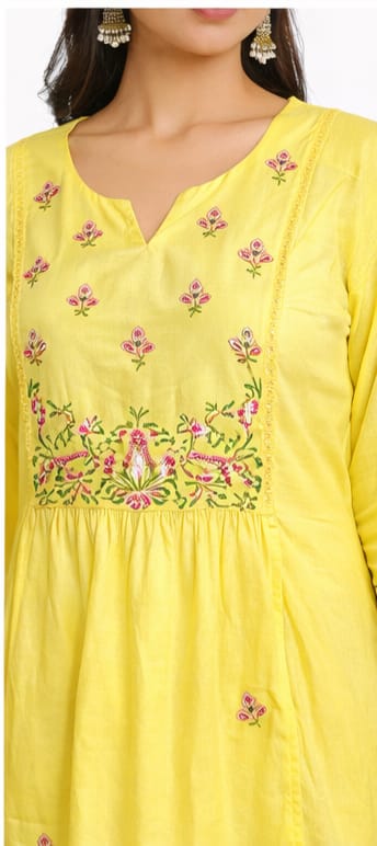 Ruaati Women Pure Mul Cotton Yellow Embroidery Kurta Pant Dupatta Set