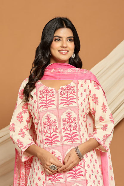 Ruaati Women Cotton Sequence Work & Print Kurta Pant Dupatta Suit Set for Office & Daily Wear