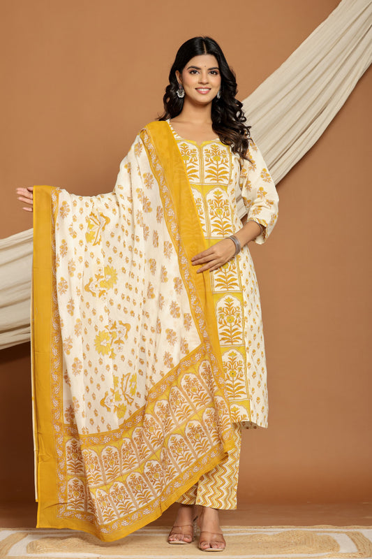 Ruaati Women Cotton Sequence Work & Print Kurta Pant Dupatta Suit Set for Office Wear