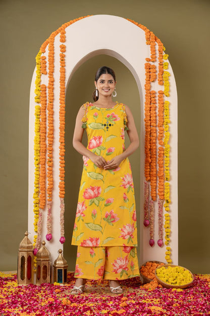 Ruaati Women Elegant Yellow Floral Mul Cotton Suit Set with Palazzo Pant for Casual Daily Wear