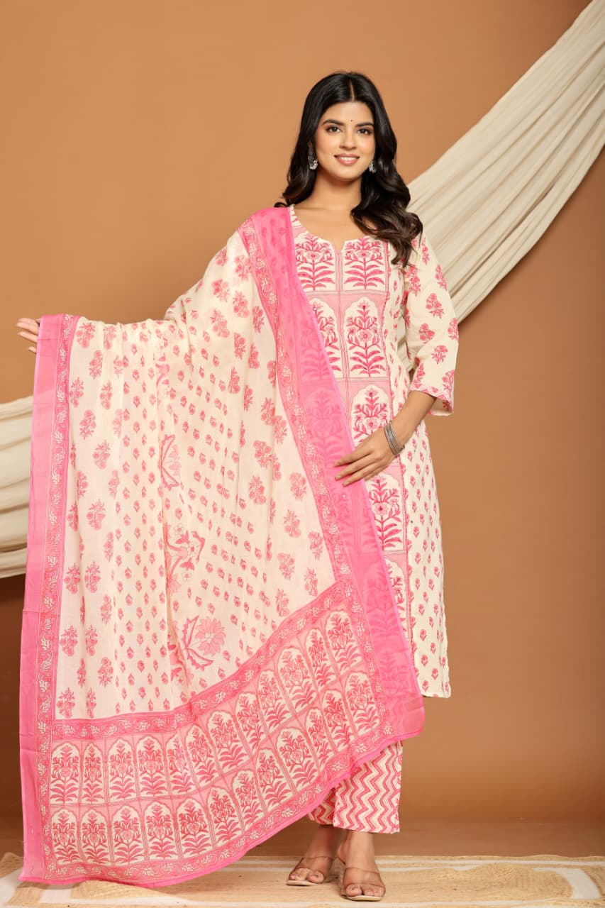Ruaati Women Cotton Sequence Work & Print Kurta Pant Dupatta Suit Set for Office & Daily Wear
