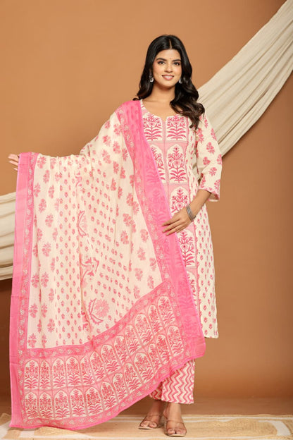 Ruaati Women Cotton Sequence Work & Print Kurta Pant Dupatta Suit Set for Office & Daily Wear