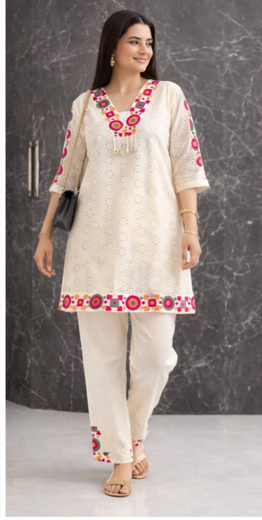 Ruaati Women White Embroidered Kurta Set with Multicolor Neck Design