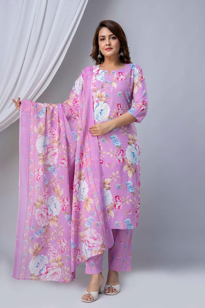 Ruaati Women Pink Floral Printed Kurta Pant Set with Dupatta