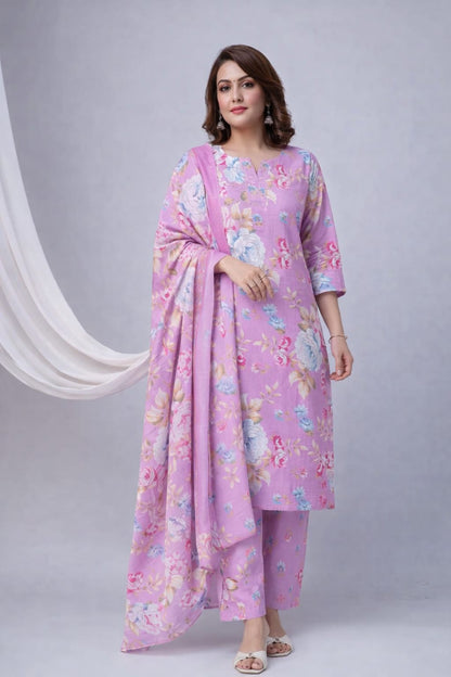 Ruaati Women Pink Floral Printed Kurta Pant Set with Dupatta
