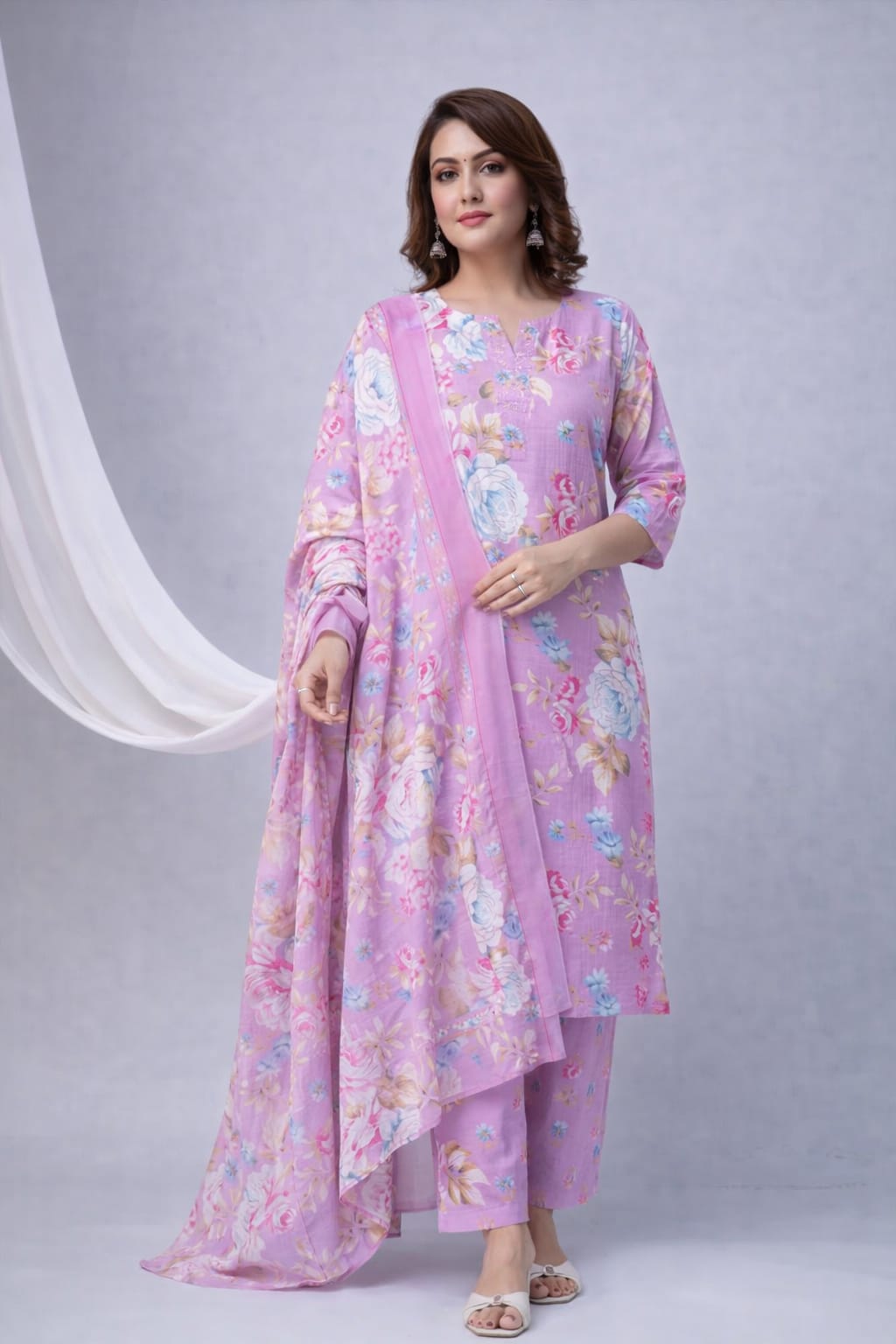 Ruaati Women Pink Floral Printed Kurta Pant Set with Dupatta