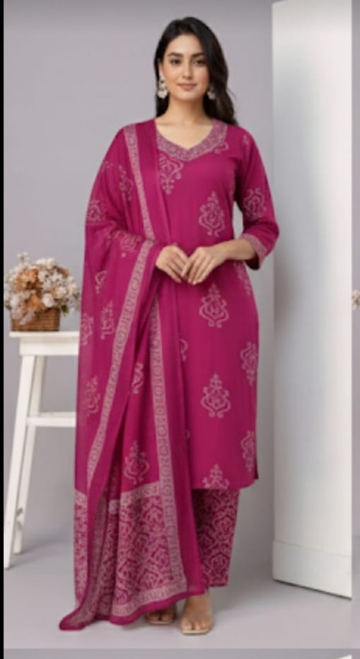 Ruaati Women Magenta Embroidered Kurta Pant Set with Dupatta