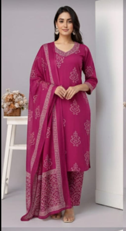 Ruaati Women Magenta Embroidered Kurta Pant Set with Dupatta