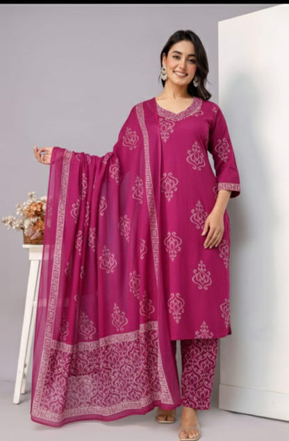 Ruaati Women Magenta Embroidered Kurta Pant Set with Dupatta