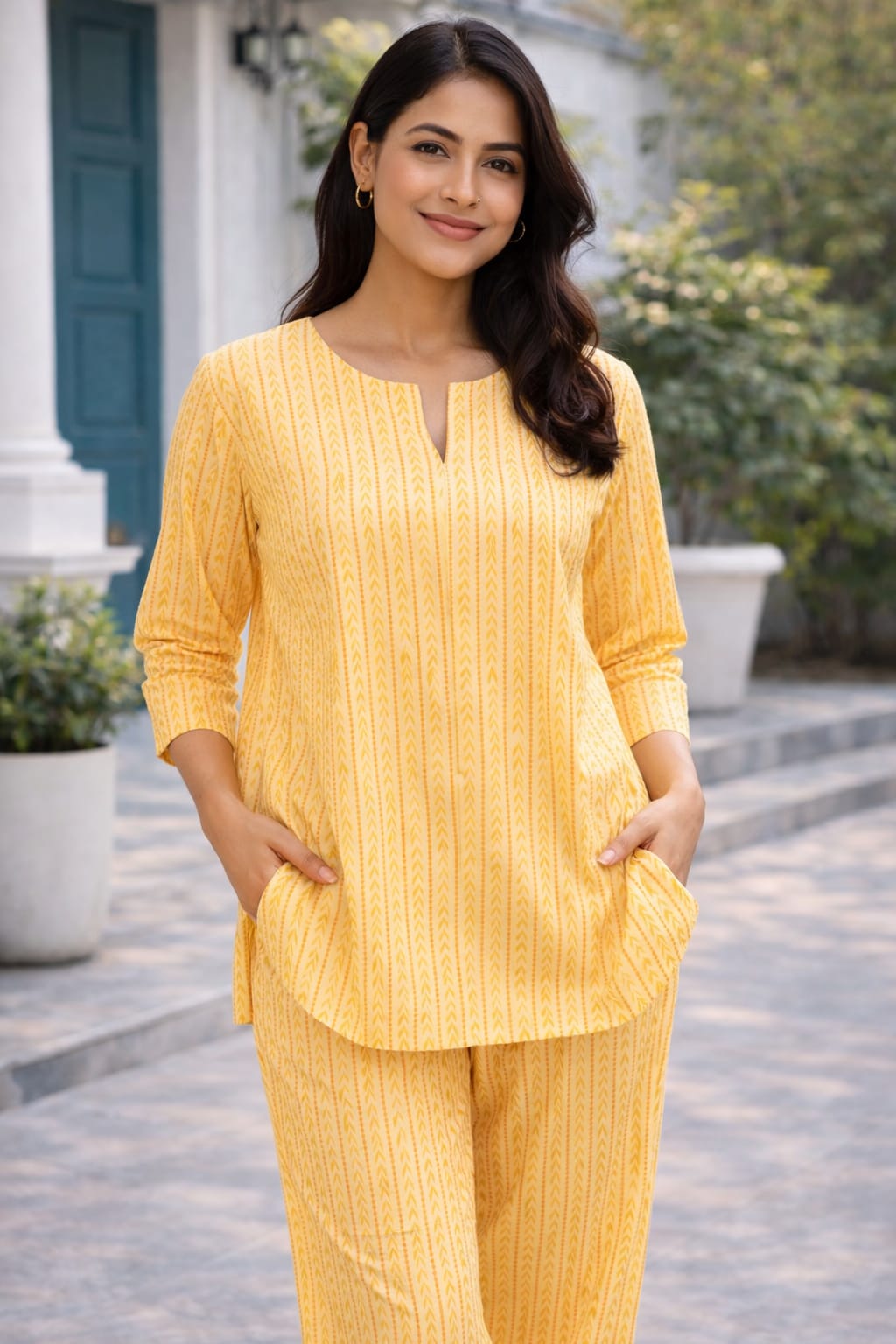 Ruaati Women Yellow Printed Cotton Night Suit Set with Relaxed Fit Top & Comfortable Pajama for Daily Sleepwear & Loungewear