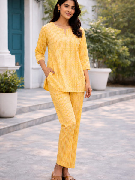 Yellow Printed Natural Crepe Co-Ord Set