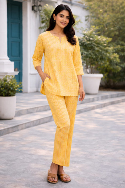 Ruaati Women Yellow Printed Cotton Night Suit Set with Relaxed Fit Top & Comfortable Pajama for Daily Sleepwear & Loungewear