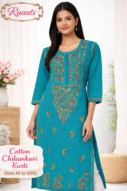 Ruaati Women Elegant Cotton Teal Embroidered Chikankari Kurti