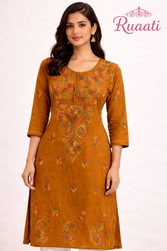 Ruaati Women Elegant Cotton Mustard Embroidered Chikankari Kurti