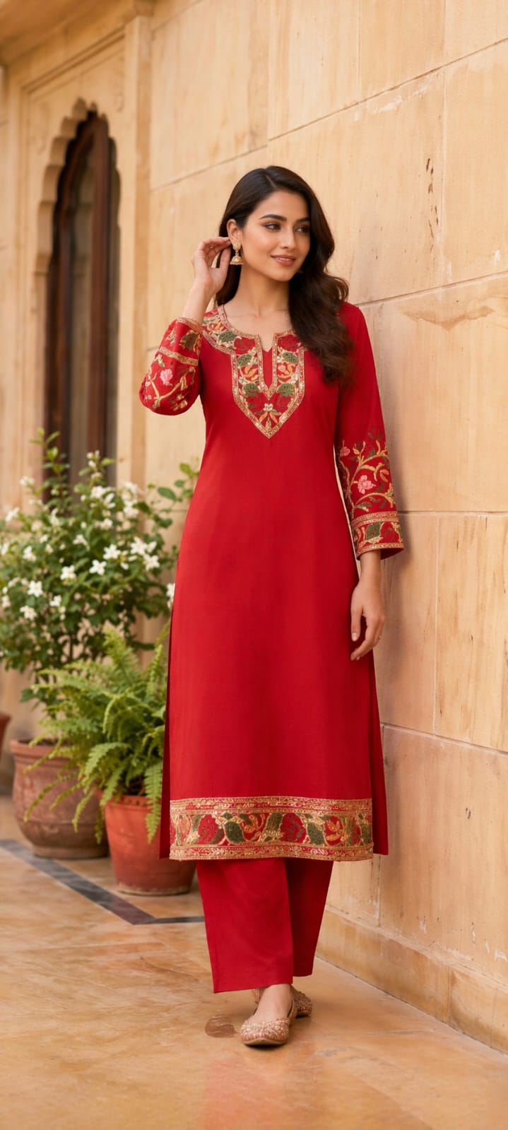 Ruaati Women Red Reyon Embroidered Ethnic Wear with Traditional Neck & Border Work Kurti Set