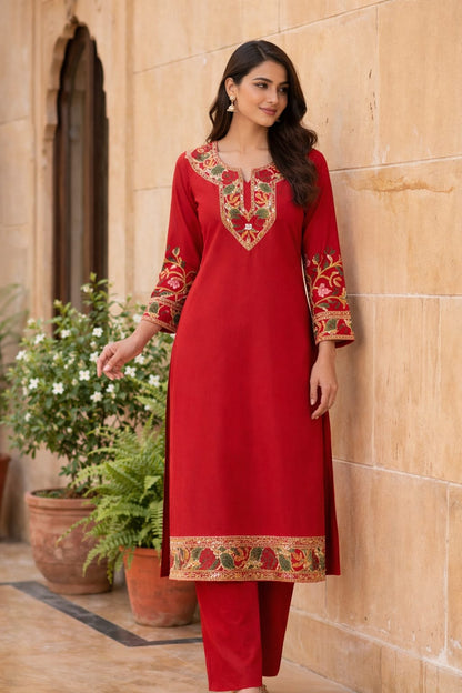 Ruaati Women Red Reyon Embroidered Ethnic Wear with Traditional Neck & Border Work Kurti Set