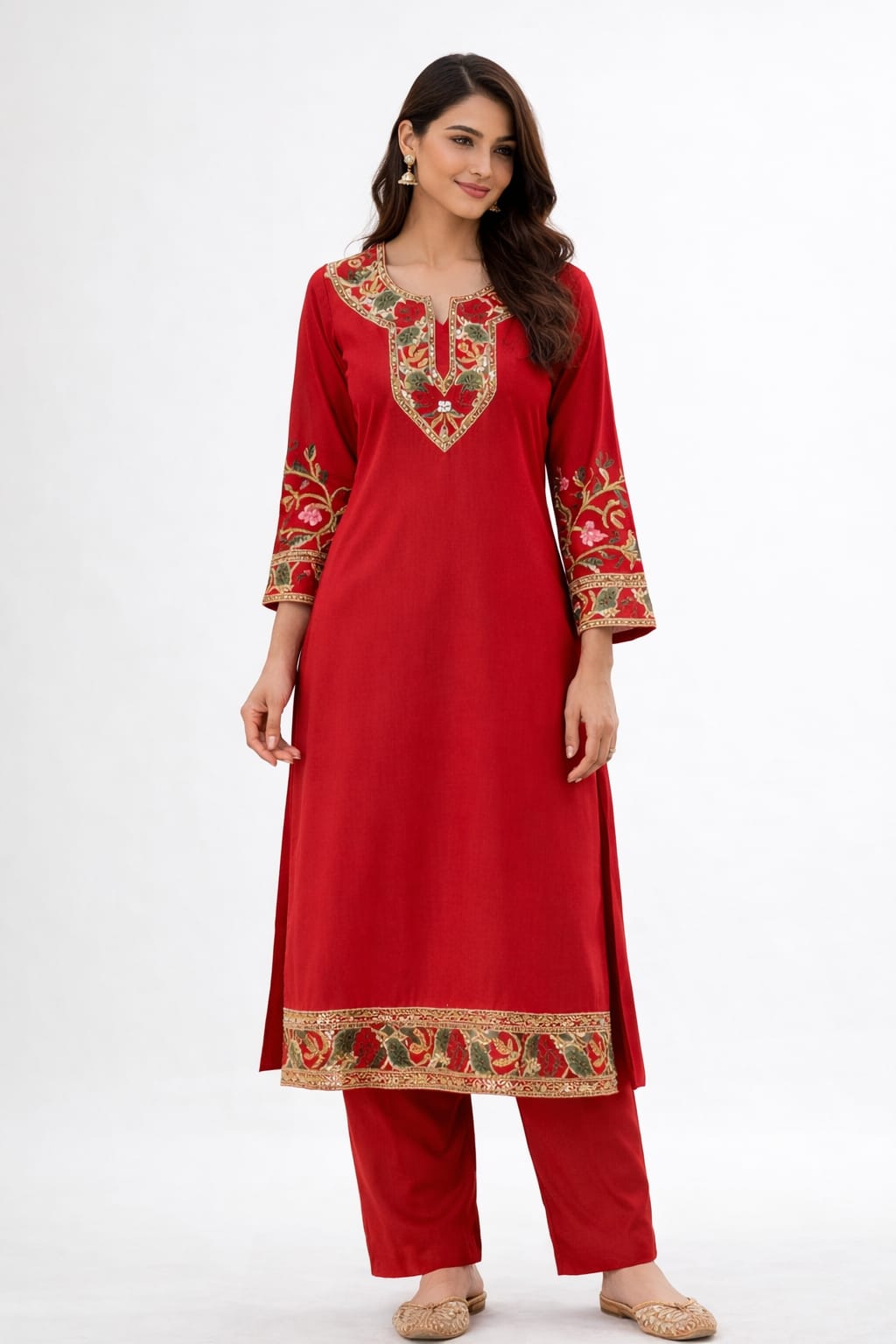 Ruaati Women Red Reyon Embroidered Ethnic Wear with Traditional Neck & Border Work Kurti Set