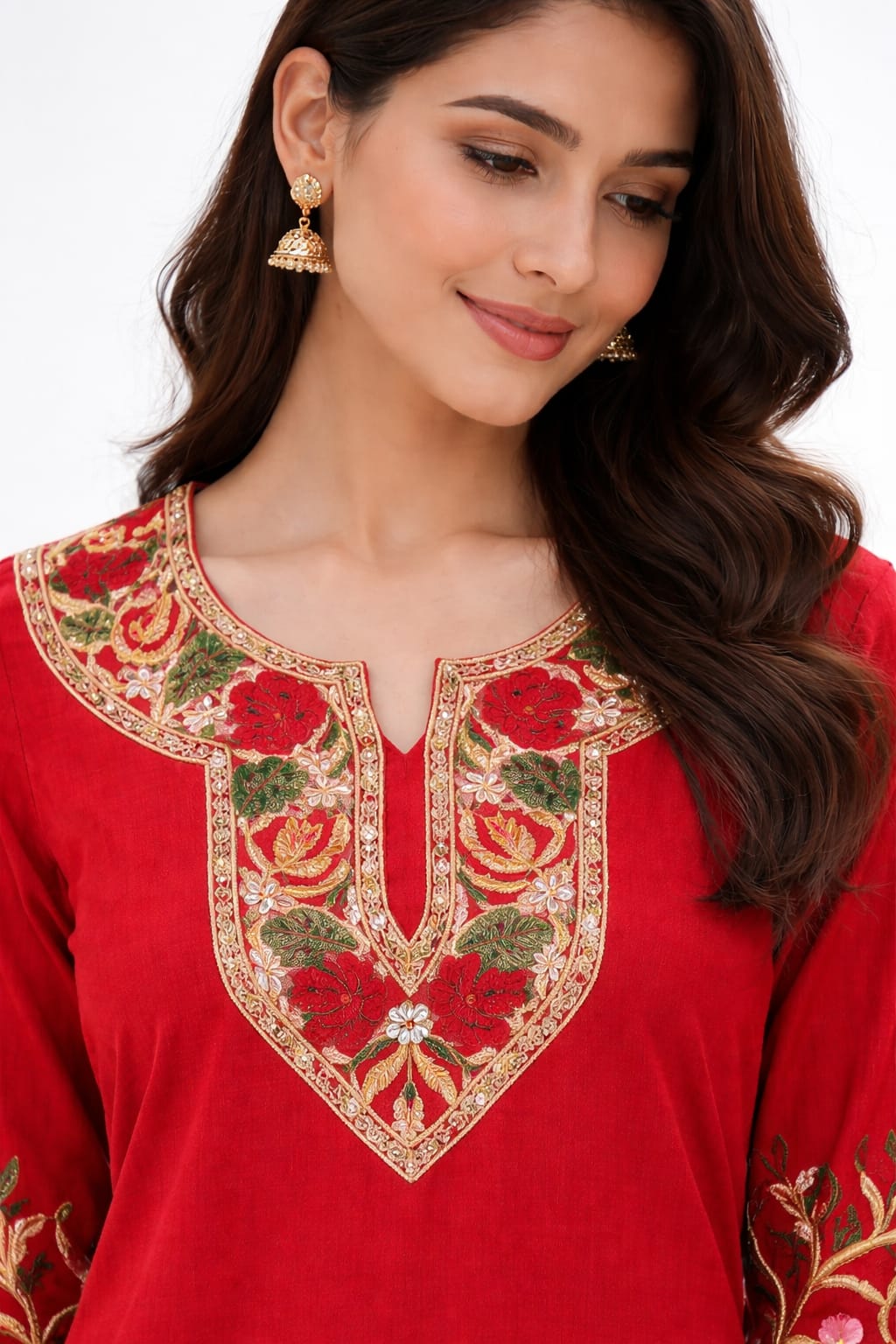 Ruaati Women Red Reyon Embroidered Ethnic Wear with Traditional Neck & Border Work Kurti Set