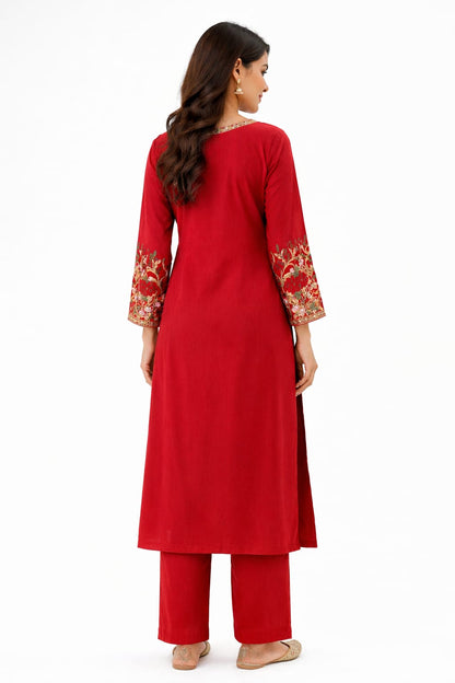 Ruaati Women Red Reyon Embroidered Ethnic Wear with Traditional Neck & Border Work Kurti Set