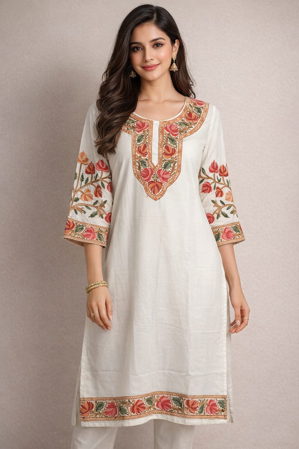 Ruaati Women White Reyon Embroidered Ethnic Wear with Traditional Neck & Border Work Kurti Set