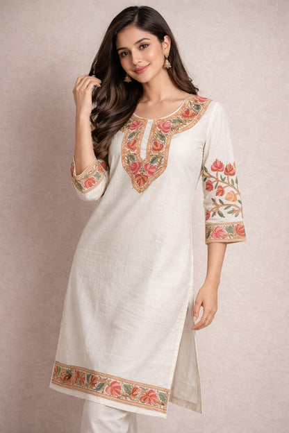 Ruaati Women White Reyon Embroidered Ethnic Wear with Traditional Neck & Border Work Kurti Set