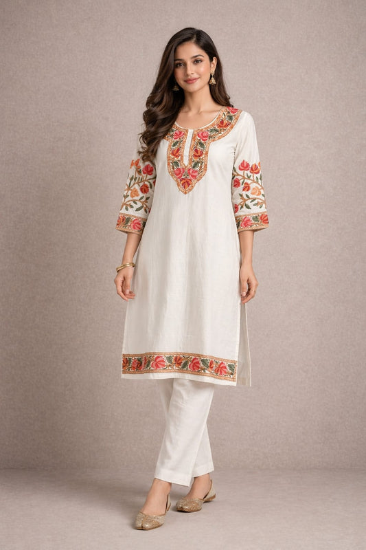 Ruaati Women White Reyon Embroidered Ethnic Wear with Traditional Neck & Border Work Kurti Set