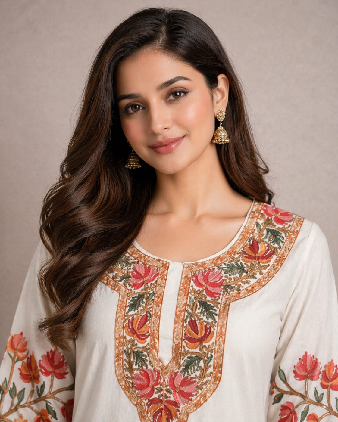 Ruaati Women White Reyon Embroidered Ethnic Wear with Traditional Neck & Border Work Kurti Set