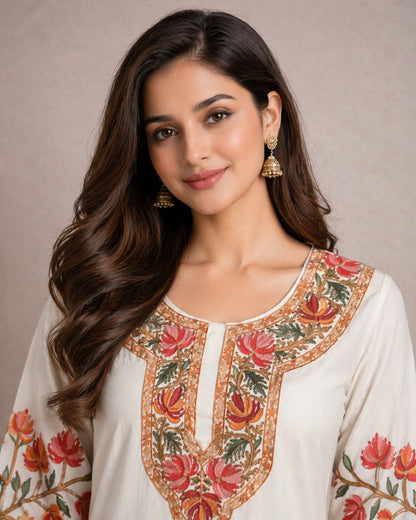 Ruaati Women White Reyon Embroidered Ethnic Wear with Traditional Neck & Border Work Kurti Set