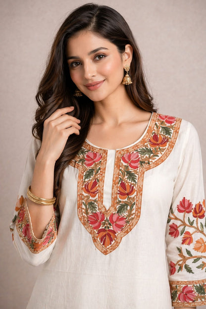 Ruaati Women White Reyon Embroidered Ethnic Wear with Traditional Neck & Border Work Kurti Set